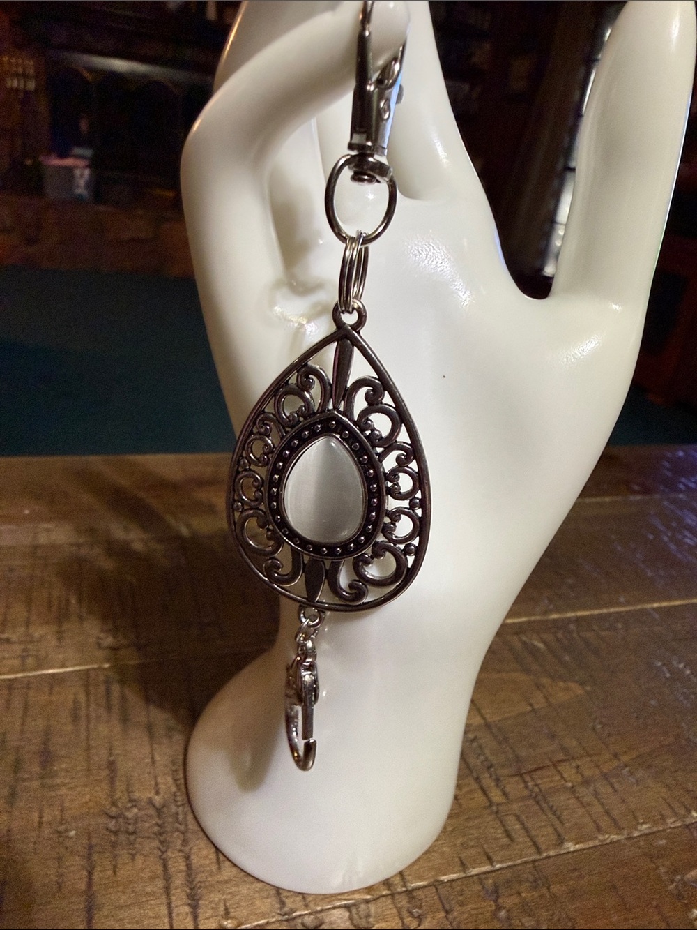 Teardrop Filigree Keychain with White Stone
